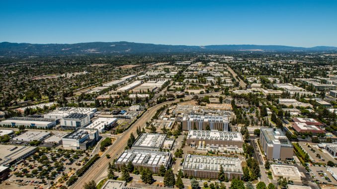 Aerial of concentration of data Centers in Santa Clara CA serving the tech industry in Silicon Valley.