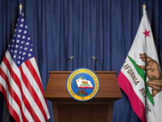 Press conference of governor of the state of California concept. Seal of the governor of the State of California on the tribune with flag of USA and California state.