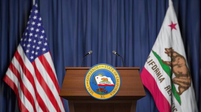 Press conference of governor of the state of California concept. Seal of the governor of the State of California on the tribune with flag of USA and California state.
